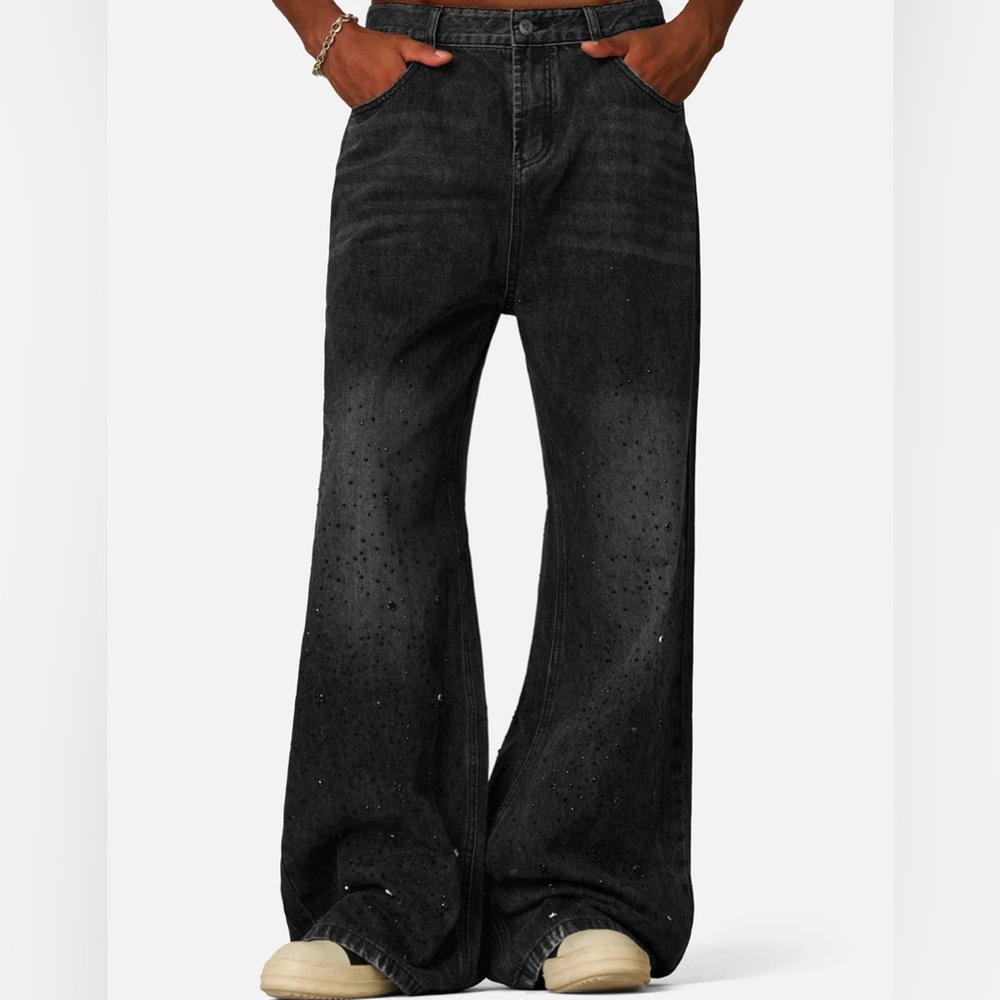 Wide Leg Black Women's Jeans with Subtle Embellishments